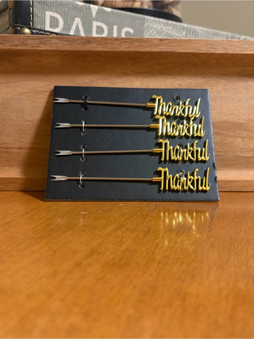 Thankful Gold Script Wood Serving Tray with 4 Skewers